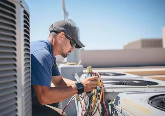 Technician using pressure gauges to service commercial rooftop air conditioning units